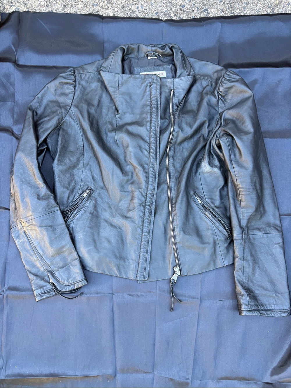 Lulu Bravo Black Leather Moto Jacket Womens L Asymmetrical Zip Pleated Shoulder